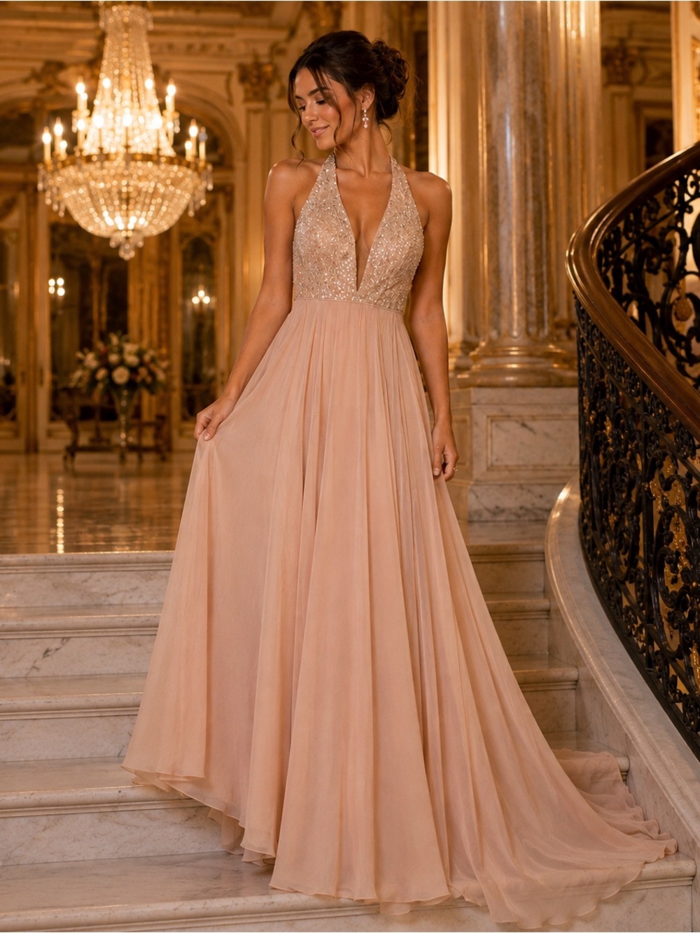 Sherri Hill 51640 Nude Beaded Halter Prom Evening Gown NWT Size 6